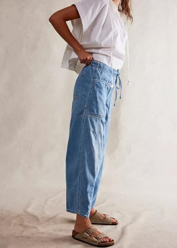 Women's Loose Cropped Barrel Jeans - Mid Rise, Boyfriend Fit, Light Blue Denim Pants3