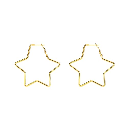 Dainty Star 14K Gold Plated Silver Black Big Large Hoop Earrings for Women Sensitive Ears Fashion Hollow Stars Geometric Huggie Hypoallergenic Hoops 2 Inch Minimalist Hooped Gifts Bff Birthday Xmas Party 50mm (gold) by NewZenro - Used condition - US$4.95