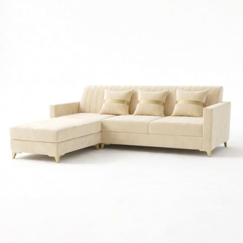 Image of CASASTYLE Groovy 4 Seater L Shape Sofa Set with Movable Ottoman | Flexible Left or Right Layout | Cozy Velvet Fabric | Soft Touch Seating | Modern Designer Sofa for Living Room (Cream)