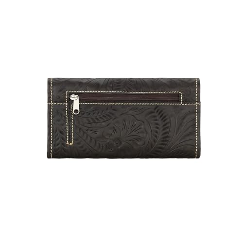 Image of American West Hand Tooled Handcrafted 100% Genuine Leather Tri-Fold Wallet for Women Credit Card Slots Cash Pocket and Clear ID Holder Western (Medium Brown)