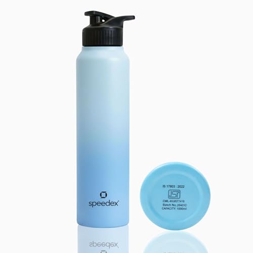 Image of Speedex Stainless Steel Metal Water Bottle 1 Ltr 1000 ml, BIS Approved, Leak Proof Sipper Cap Bottle for Office, School, Gym, Travel, Daily Use for Men, Women, Kids, Adults, Dual Blue, Set of 1