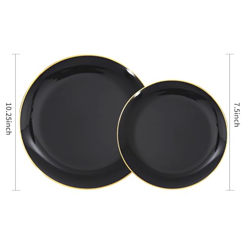 KIRE 100PCS Black and Gold Plates - Black Plastic Plates Disposable with Gold Rim for Halloween Party/Wedding/Birthday Include 50Pcs 10.25inch for Dinner and 50Pcs 7.5inch for Dessert/Salad