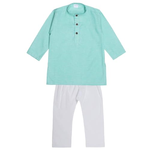 Image of superminis Baby Boys Ethnic Wear Cotton Kurta Pyjama Set With Wooden Button (Green, 9-10 Years)