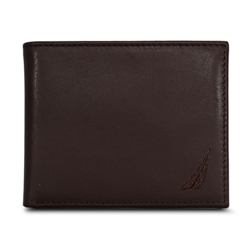 Nautica Men's Bifold Leather Wallet | RFID Blocking | ID Window | Card Slots | Organization | Durable | Stylish, Émbroidered Sail - Brown by Nautica - Used condition - US$21.10