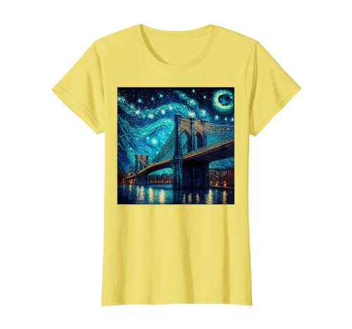 Brooklyn Bridge New York Starry Night T-Shirt, Women, Lemon Yellow, Large
