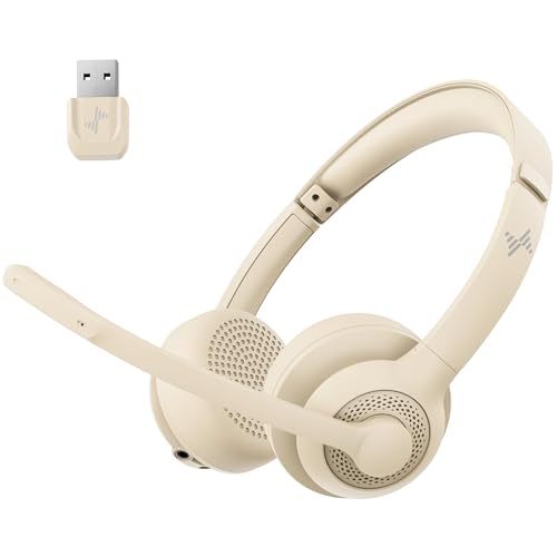Image of JIAMQISHI Bluetooth V5.2 Office Headset in Apricot, Wireless Headphones with Noise Reduction Microphone, USB Receiver and Mic Mute for Video Conference & Cellphones