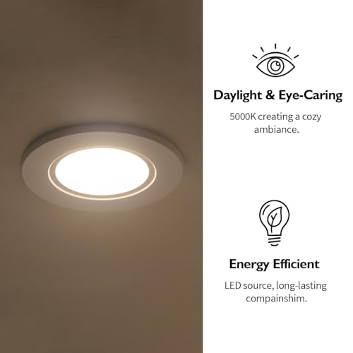 Jolux 5/6 Inch LED Can Lights Adjustable Recessed Retrofit Downlight,12W=60W,5000K Daylight, 800LM,Dimmable,ETL Damp Rated Conversion kit, Recessed Lighting Install,Flat Trim, E26 Base,4-Pack by Jolux - Image 2