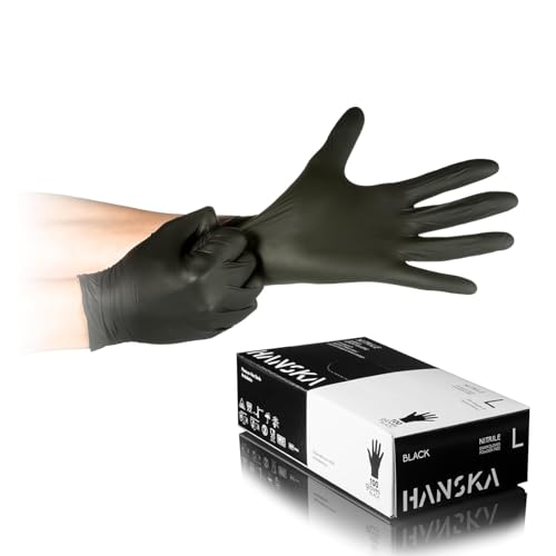 HANSKA Guantes desechables de nitrilo negros – Sin polvo – Desechar– Ambidextros – No estériles – Base de goma – Apto para ámbitos médicos, manipulación de alimentos (100, L)
