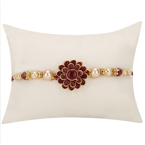 Image of Riddhika Ventures Alluring Gold Plated Floral and Pearl Rakhi (Bracelet) with Roli Chawal & Greeting Card