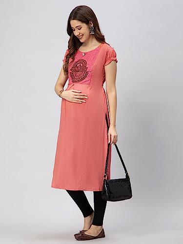 Image of CEE 18 Women's Cotton Rayon Straight Maternity Feeding Kurti for Feeding with Zippers(9653 46,Peppy Pink,3XL)