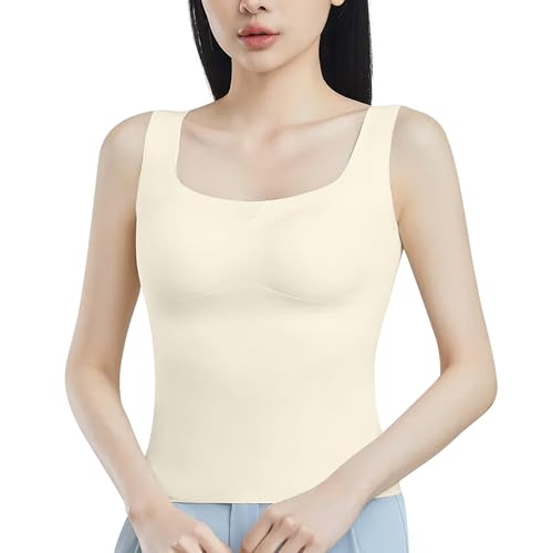 [SIVAN] タンクトップ カップ付き レディース キャミソール 【雲のような感触・下着の束縛感にさようなら！】 インナー ブラトップ 無縫製 【脇下のハミ肉隠し・幅広ストラップ】 伸縮性 吸汗排湿 通気 脇高設計 重ね着インナー 無地 部屋着 24時間着用 (JP, アルファベット, M, ベージュ)のサムネイル