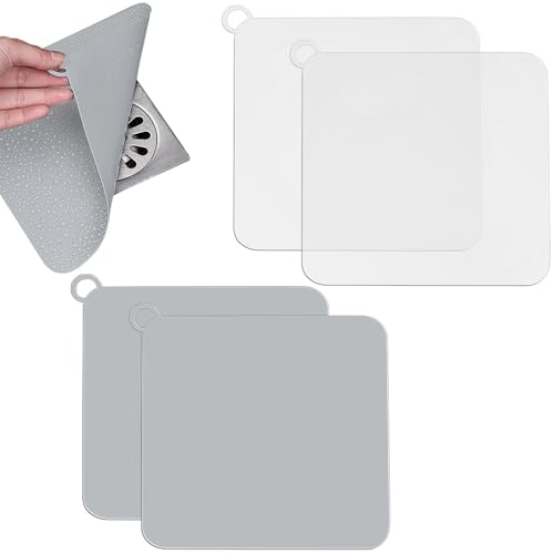 SLTAXAR 4 PCS Tapa Desague Ducha Cuadrada 20x20cm Protector de Drenaje Ducha de Silicona Tapón Desagüe Ducha para Malos Olores Cubiertas de Desagüe de Ducha para Baño Cocina Bañeras- Blanca y Gris