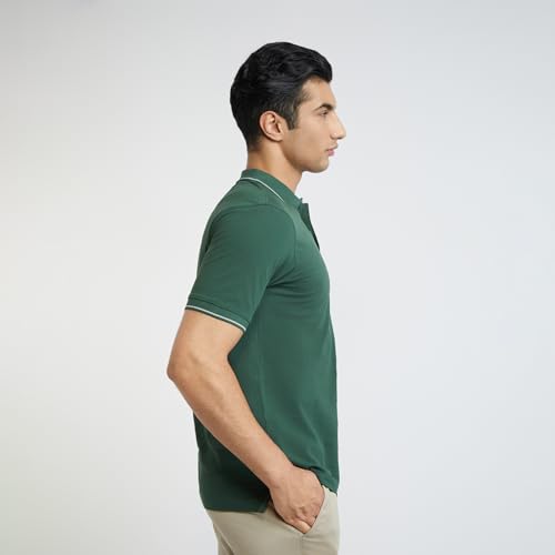 Image of Raymond Men's Modern Fit Solid Pattern Pure Cotton Polo Neck Half Sleeve Casual T-Shirt