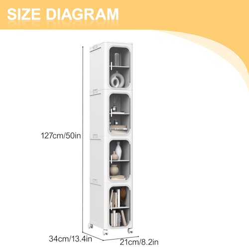 Image of 4-Tier Slim Tall Bathroom Cabinet, Plastic Narrow Cabinet with Doors and Shelves, Floorstanding Skinny Cabinets with Wheels