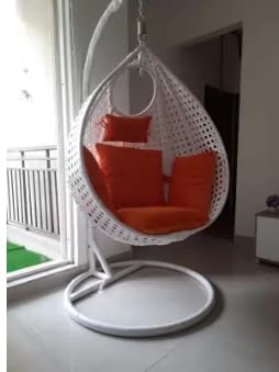 Image of Single Seater Egg Swing Chair with Stand & Cushion Outdoor Indoor Balcony Garden Patio,Powder Coated Frame,UV Protected Wicker (White Orange)
