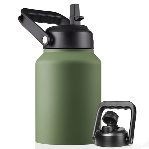 EALGRO Half Gallon Insulated Water Bottle Jug with Straw, 64 oz Large Stainless Steel Sports Metal Water Flask with Handle, Thermal Water Cup Mug with 2 Lids, Army Green