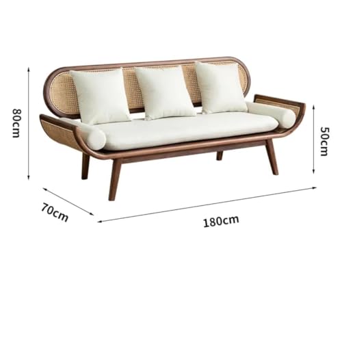 Image of Modern Rattan Cane Sofa with Curved Arms Wooden Frame, Beige Cushions and Throw Pillows Sofa for Living Room, Bedroom, Hallways (3 Seater)