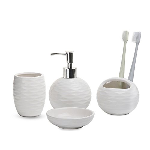 ComSaf Set di Accessori per Il Bagno Bianco 4Pi Ceramica Set di 4, con Porta Sapone, Dosatore Sapone, Bicchiere Bagno, Porta Spazzolino Decorativo del Desktop Davanzale Bonsai Regalo di Natale