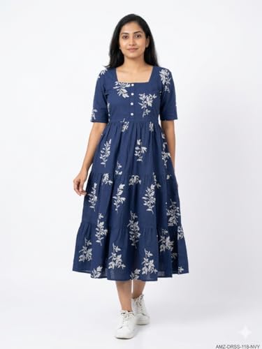Image of Women's Cotton Floral Leaf Print Tiered Midi Dress - Square Neck, Short Sleeve A-Line Smock Dress for Casual Summer & Vacation Wear