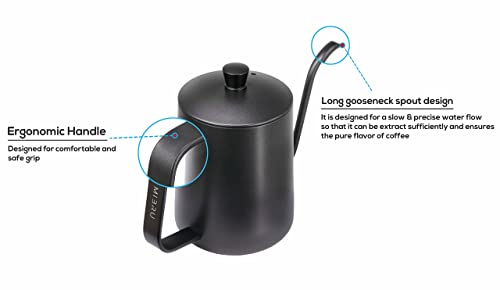 MIBRU Drip V60 Pour Over Kettle Goose neck Long Narrow Spout With Lid Coffee Tea Pot Pitcher for pouring coffee ابريق تقطير بعنق طويل القهوة للشاي (Black, 600ml)