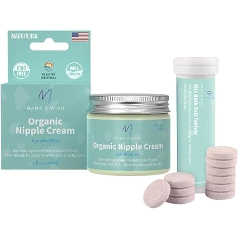 Mama & Wish Organic Nipple Cream - Breastfeeding Balm | Sitz Bath Salt Tablets for Postpartum Care | Postpartum Essentials Pack of 10 Sitz Bath for Postpartum Care | Postpartum and Hemorrhoids Recover Cover
