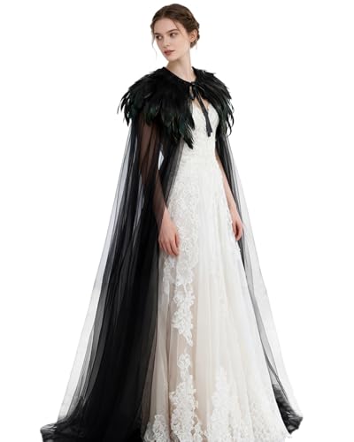 L'VOW Women Black Feather Cloak Gothic Feather Collar Tulle Cape Vampire Cloak Witches Cape Cosplay Costume