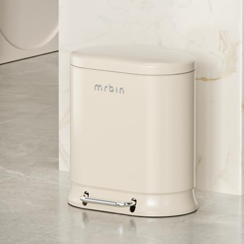 Image of MRBIN Metal Bathroom Trash Can with Lid, 20L / 5.3gal Commercial Step Waste Basket for Kitchen, Medium Toilet Garbage Pail with Stainless Steel Foot Pedal for Near Desk, Restroom, Rv, Vanity, White