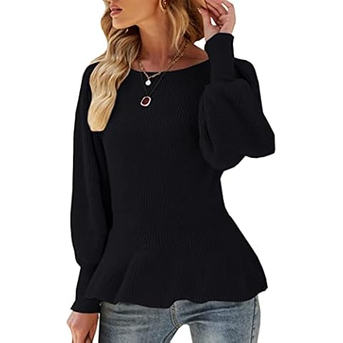 Womens 2024 Fall Puff Sleeve Peplum Casual Slim Fit Knit Pullover Sweater Jumper Tops Black Cover