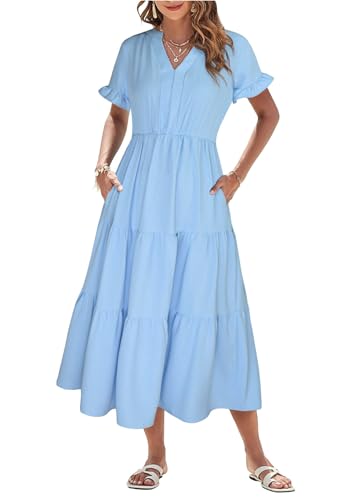 Theenkoln Vestido de verano para mujer, largo, cuello de pico, manga corta, vestido de playa, monocolor, volantes, vestido midi vestido informal con bolsillos, azul celeste, M