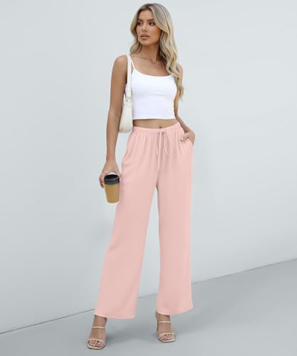 YSYOKOW Women's Summer Wide Leg Pants High Waisted Lightweight Flowy Lounge Pants with Pockets Elastic Waist Drawstring(Pink, XX-Large) by YSYOKOW - Used condition - Image 5