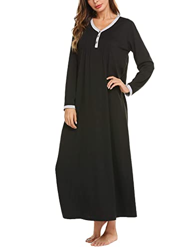 Ekouaer Womens Cotton Knit Long Sleeve Nightgown for Women, Henley Full Length Sleep Dress,Black,XX-Large