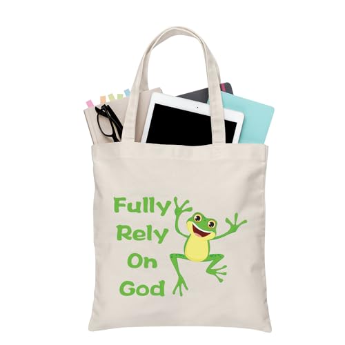 BDPWSS Frog Canvas Tote Bag Frog Lover Gift Crazy Frog Lady Gift Fully Rely On God Frog Christian Bag (Rely Frog TG)