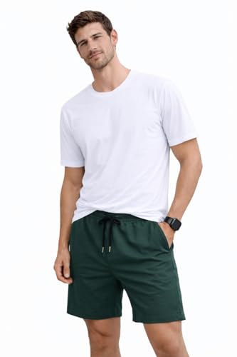Image of Men's Solid Cotton Lounge Shorts | Premium Soft Breathable Casual Shorts with Elastic Drawstring Waist | Regular Fit Above Knee for Home, Gym & Travel