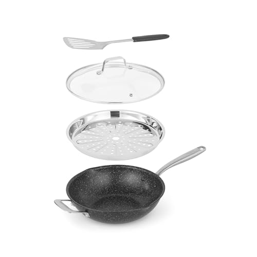 Salter Megastone 28Cm Multifunction Frying Pan – 20 X Tougher Non-Stick, 3.65L, Includes Tempered Glass Lid, Spatula & Steamer Insert, Sauté, Steam & 