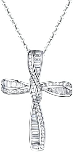 FANCIME Cross Necklace White Gold Plated 925 Sterling Silver CZ Cubic Zirconia Twisted Cross Infinity Open Loop Crucifix Pendant Necklace Luxury Look Easter Gift For Women Girls, 18" Extender
