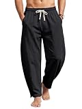 TRFIC Mens Linen Pants Casual Harem Pants Lightweight Summer Beach Pants Drawstring Vacation Yoga Trousers with Pockets Black