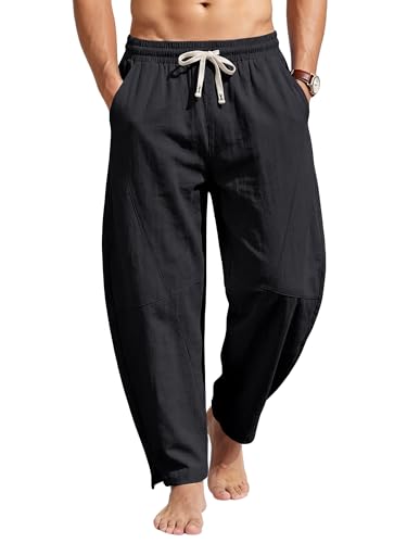 TRFIC Mens Linen Pants Casual Harem Pants Lightweight Summer Beach Pants Drawstring Vacation Yoga Trousers with Pockets Black — Amazon listing image