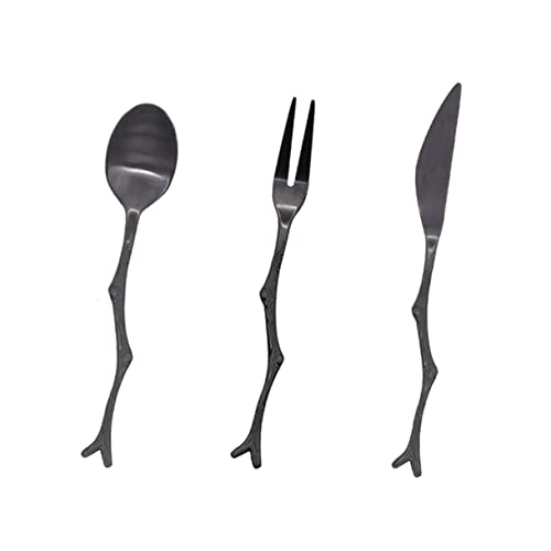 GLEAVI 3 PCS Branch Cutlery Set: Black Flatware for Cafe - Rustic Twig Utensils for Appetizer Fruit Party (5.4in/4.9in/4.7in)