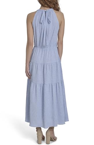 Image of Tommy Hilfiger Women's Sleeveless Halter Neck Seersucker Tiered Skirt Maxi Dress