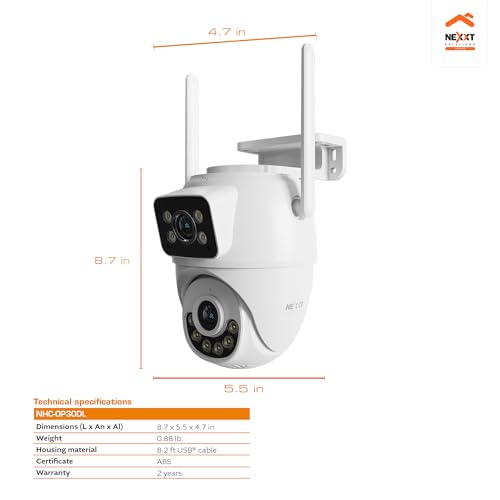 Nexxt Solutions Smart Dual Lens PTZ Wi-Fi Outdoor Security Camera | 2K Dual View Surveillance with Human Detection, Night Vision | Two-Way Audio, 80dB Siren, IP65 Weatherproof, microSD Storage