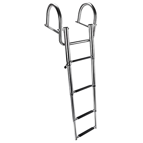 Marinebaby 4 Steps Pontoon Boat Ladder, Stainless Steel Folding Telescoping Rear Entry Inboard Ladder Heavy Duty Custom Swim Deck Ladder With Pedal Hand Railing Ladder #TOP4