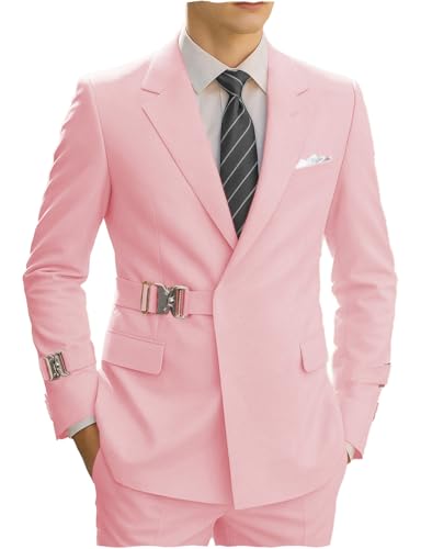 MoranX Casual Men's Suits Slim Fit 2 Piece Prom Tuxedos Buckle Jacket Blazer+Pants Wedding Party