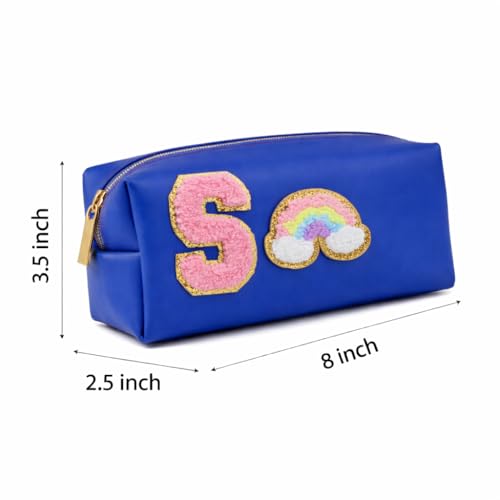 Image of AICA Gifts Personalized Leather Pencil Pouch (RoyalBlue) with Embroidered Alphabet & Patch | Pencil Pouch for Kids | Birthday Gift | Birthday Return Gift |Gift for Kids Age 6-10