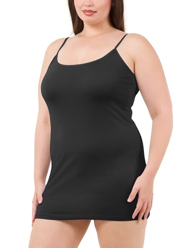 Image of Long Cotton Camisole Tank Tops for Women | Basic Braless Layering Tops with Adjustable Spaghetti Straps