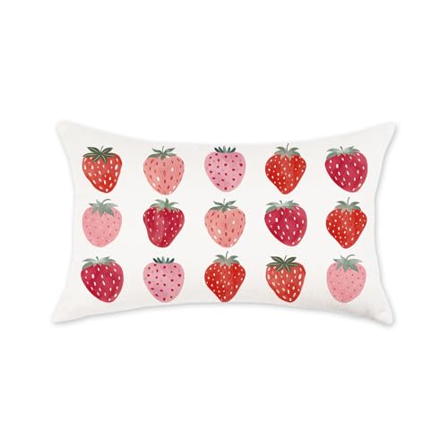 TAJWE Summer Throw Pillow Cover 12x20 Inch Pink Red Strawberries Decorative Pillowcase Farmhouse Seasonal Lumbar Cushion Case for Sofa Couch Porch Home Decor