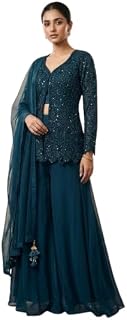 Teal Embellished Sequin Kurta with Palazzo Pants and Dupatta, Women's Ethnic Wear Set Price In India
