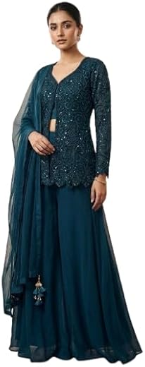 Teal Embellished Sequin Kurta with Palazzo Pants and Dupatta, Women's Ethnic Wear Set