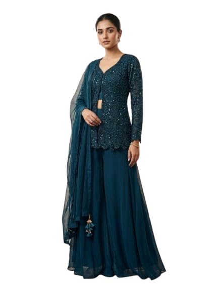 Teal Embellished Sequin Kurta with Palazzo Pants and Dupatta, Women's Ethnic Wear Set