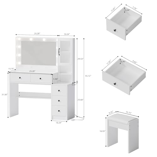 Image of 35.4 inch Makeup Vanity Desk with Charging Station, White Makeup Dressing Table with Mirror & Lights, 3 Lighting Modes Adjustable Brightness, Vanity Table with Power Outlet & 5 Drawers Round Handle