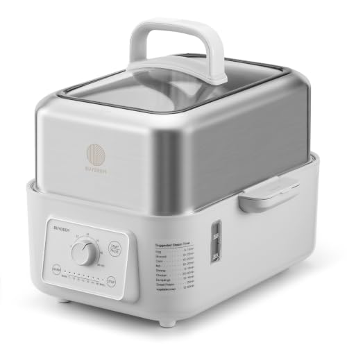Image of BUYDEEM G52 5.3Qt Electric Food Steamer for Cooking, Oat White | 1-3 People, 2-hour Keep Warm, 7 Preset Timings, Dual Boil-Dry Protection, Stainless Steel, Glass Lid